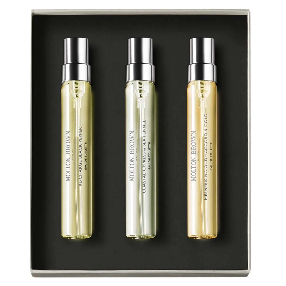 Molton Brown Woody & Aromatic, Re-charge Black Pepper, Coastal Cypress & Sea Fennel, Mesmerising Oudh Accord & Gold 3 Piece Eau De Toilette Set Spray - 2.5 FL OZ / 7.5 ML