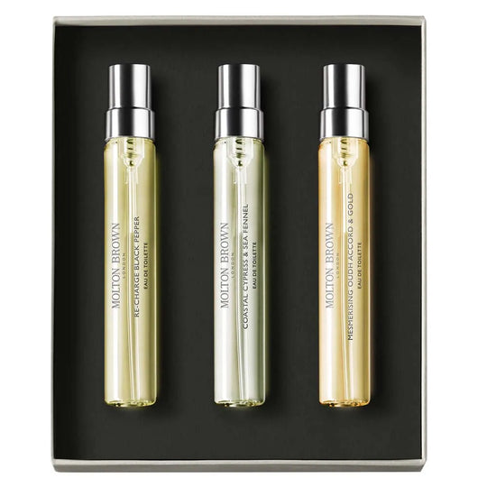 Molton Brown Woody & Aromatic, Re-charge Black Pepper, Coastal Cypress & Sea Fennel, Mesmerising Oudh Accord & Gold 3 Piece Eau De Toilette Set Spray - 2.5 FL OZ / 7.5 ML