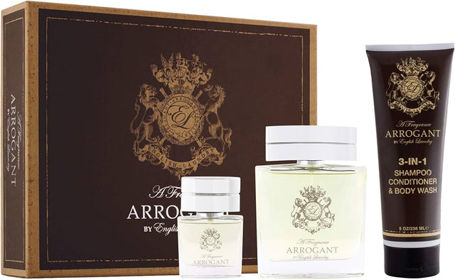 English Laundry Arrogant 3 Piece Gift Set Eau De Toilette Spray, 3 In 1 Shampoo/ Conditioner/ Body Wash - 3.4 FL OZ / 100 ML - 0.68 FL OZ / 20 ML - 8 FL OZ / 236 ML - Shelf Pull