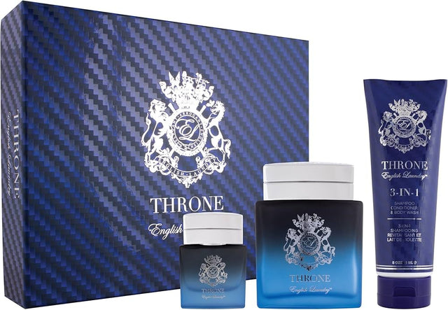 English Laundry Throne 3 Piece Gift Set Eau De Parfum Spray, 3 In 1 Shampoo/ Conditioner/ Body Wash - 3.4 FL OZ / 100 ML - 0.68 FL OZ / 20 ML - 8 FL OZ / 236 ML - Shelf Pull