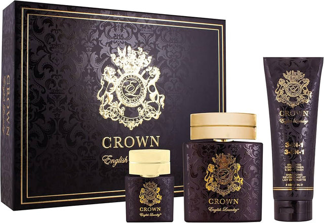 English Laundry Crown 3 Piece Gift Set Eau De Parfum Spray, 3 In 1 Shampoo/ Conditioner/ Body Wash - 3.4 FL OZ / 100 ML - 0.68 FL OZ / 20 ML - 8 FL OZ / 236 ML - Shelf Pull