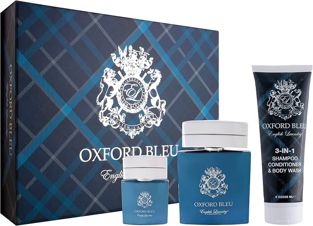 English Laundry Oxford Bleu 3 Piece Gift Set Eau De Parfum Spray, 3 In 1 Shampoo/ Conditioner/ Body Wash - 3.4 FL OZ / 100 ML - 0.68 FL OZ / 20 ML - 8 FL OZ / 236 ML - Shelf Pull