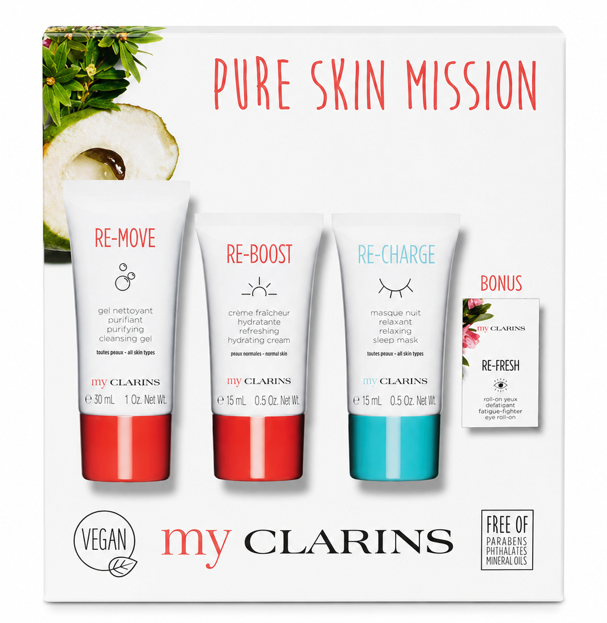 Clarins 4 Piece Set Pure Skin Mission Re-Move Cleansing Gel + Re-Boost Hydrating Cream + Re-Charge Sleep Mask + Re-Fresh Eye Roll-on - 1 FL OZ / 30 ML - 0.5 FL OZ / 15 ML 2X