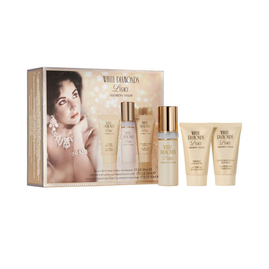 Elizabeth Taylor White Diamonds Legacy 4 Piece Set - Eau De Toilette Spray / White Diamonds Parfum / Body Lotion / Body Wash  1.0 FL OZ / 30 ML                0.12 FL OZ / 3.7 ML       1.7 FL OZ / 50 ML         1.7 FL OZ / 50 ML