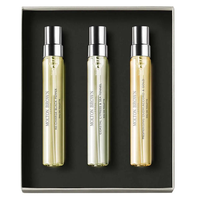 Molton Brown Woody & Aromatic, Re-charge Black Pepper, Coastal Cypress & Sea Fennel, Mesmerising Oudh Accord & Gold 3 Piece Eau De Toilette Set Spray - 2.5 FL OZ / 7.5 ML