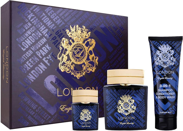 English Laundry London 3 Piece Gift Set Eau De Parfum Spray, 3 In 1 Shampoo/ Conditioner/ Body Wash - 3.4 FL OZ / 100 ML - 0.68 FL OZ / 20 ML - 8 FL OZ / 236 ML - Shelf Pulls