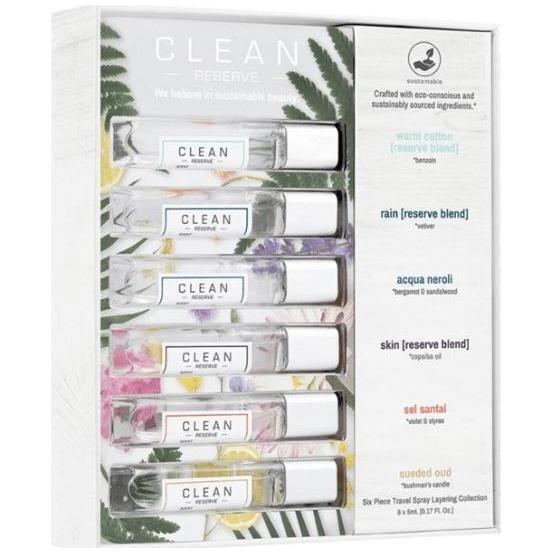 Clean Reserve Travel Spray Layering Collection Eau De Parfum (6 X) Lush Fleur, Skin Reserve Blend, Acqua Neroli, Radiant Nectar, Rain Reserve Blend, Warm Cotton. 0.17 FL OZ / 5 ML