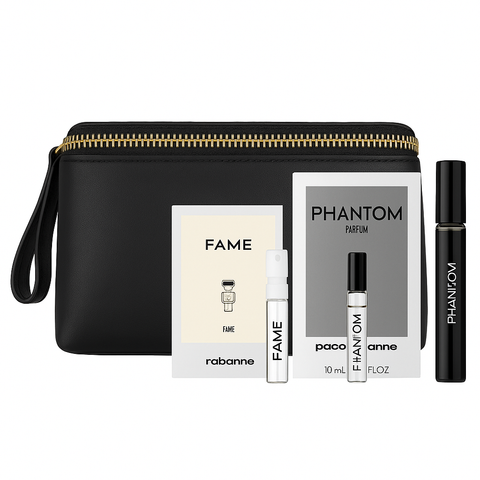 Paco Rabanne 4 Piece Set Pouch, Fame Eau De Parfum Spray Vial, Phantom Eau De Parfum Intense Spray Vial, Phantom Eau De Parfum Intense Spray - 0.05 FL OZ / 1.5 ML - 0.05 FL OZ / 1.5 ML - 0.34 FL OZ / 10 ML