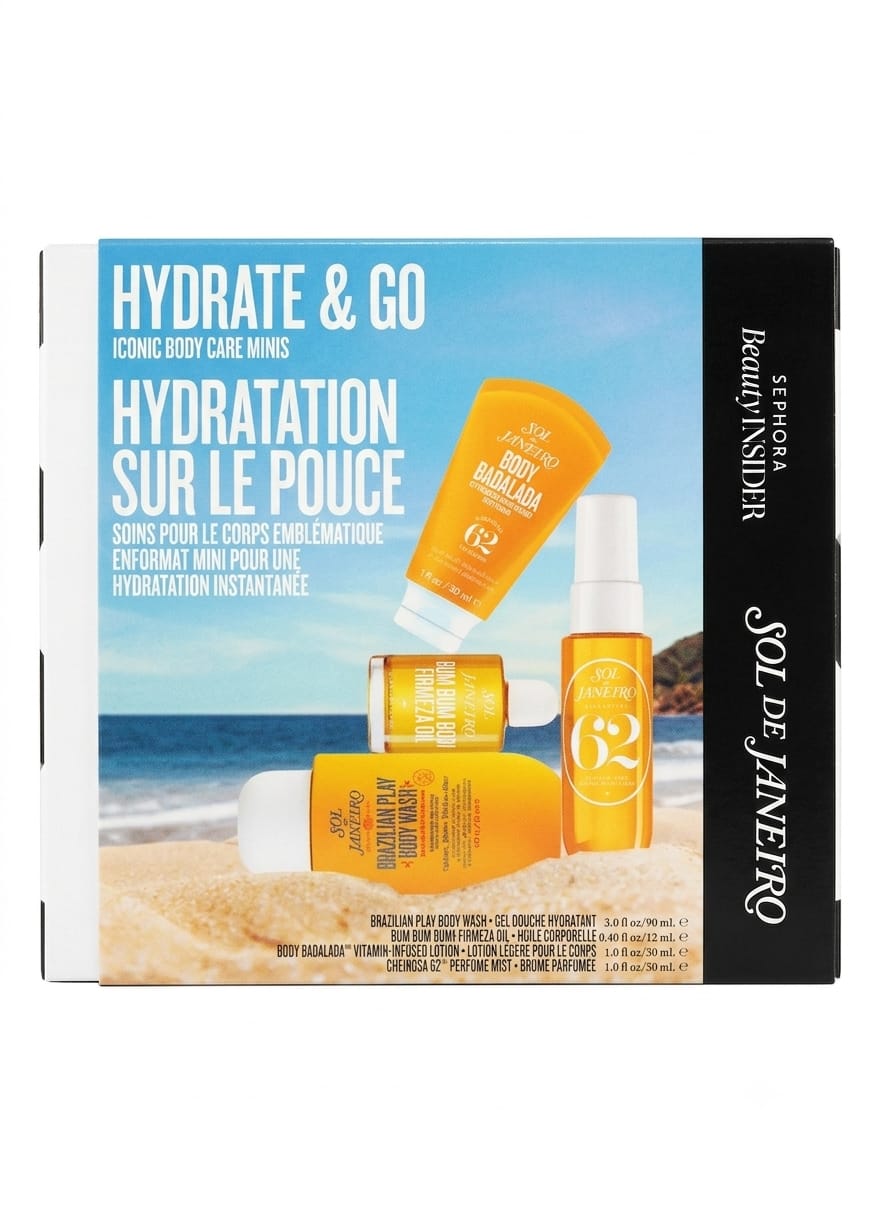 Sol De Janeiro Hydrate & Go Mini Body Care  4 Piece Set  Brazilian Play Body Wash + Bum Bum Body Firmeza Oil + Body Badalada Vitamin - Infused Lotion + Cheirosa 62 Perfume Mist - 3.0 FL OZ / 90 ML  0.40 FL OZ / 12 ML 1.0 FL OZ / 30 ML 2x