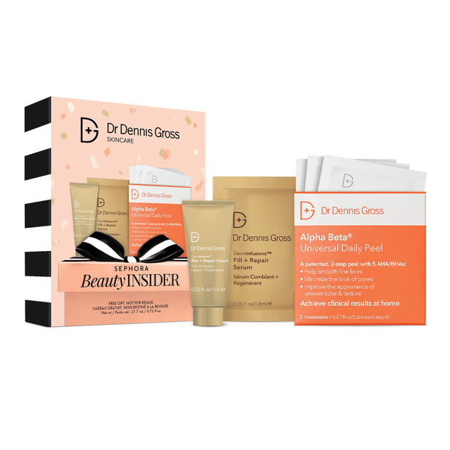 Dr Dennis Gross Skincare 3 Piece Set Alpha Beta Universal Daily Peel + DermInfusions Blur + Repair Cream + DermInfusions Fill + Repair Serum - 0.07 FL OZ / 2.2 ML 3x - 0.25 FL OZ / 7 ML - 0.05 FL OZ / 1.5 ML