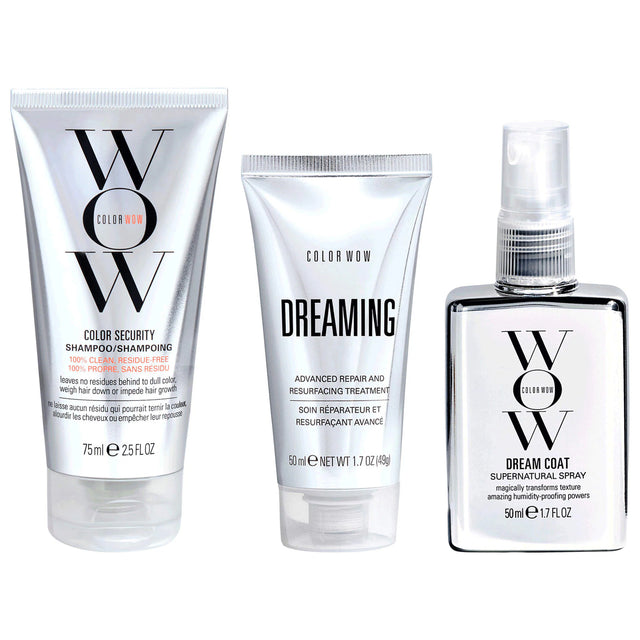 Color Wow Anti-Frizz 3 Piece Set Dream Coat Supernatural Spray + Color Security Shampoo + Dreaming Advanced Repair And Resurfacing Treatment - 1.7 FL OZ / 50 ML 2x - 2.5 FL OZ / 75 ML